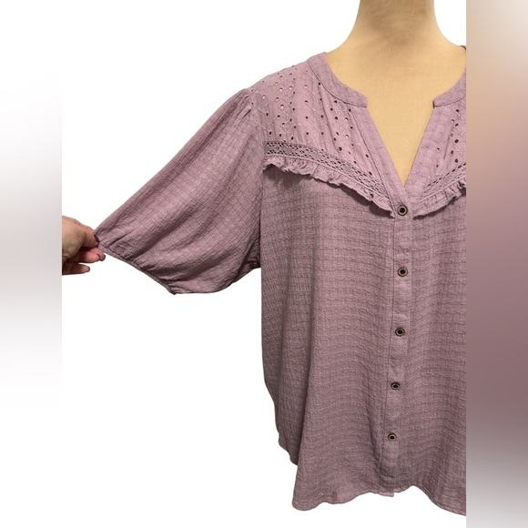 Knox Rose Women’s Size XXL Purple Blouse Eyelet Short Puff Sleeves Button Front. - Picture 4 of 10